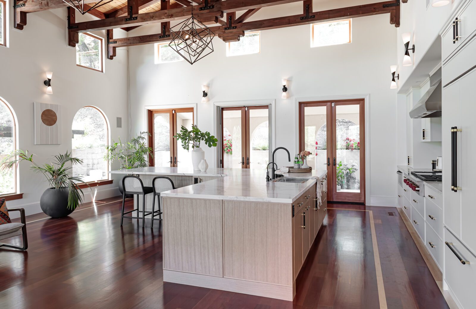 renovation, large L shaped island, brazilian cherry hardwood floors, vaulted ceiling Orinda ca kitchen