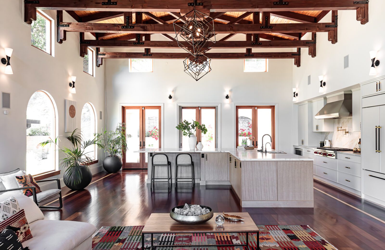 Orinda ca open plan kitchen and great room remodel, hardwood floors and vaulted ceilings, french doors