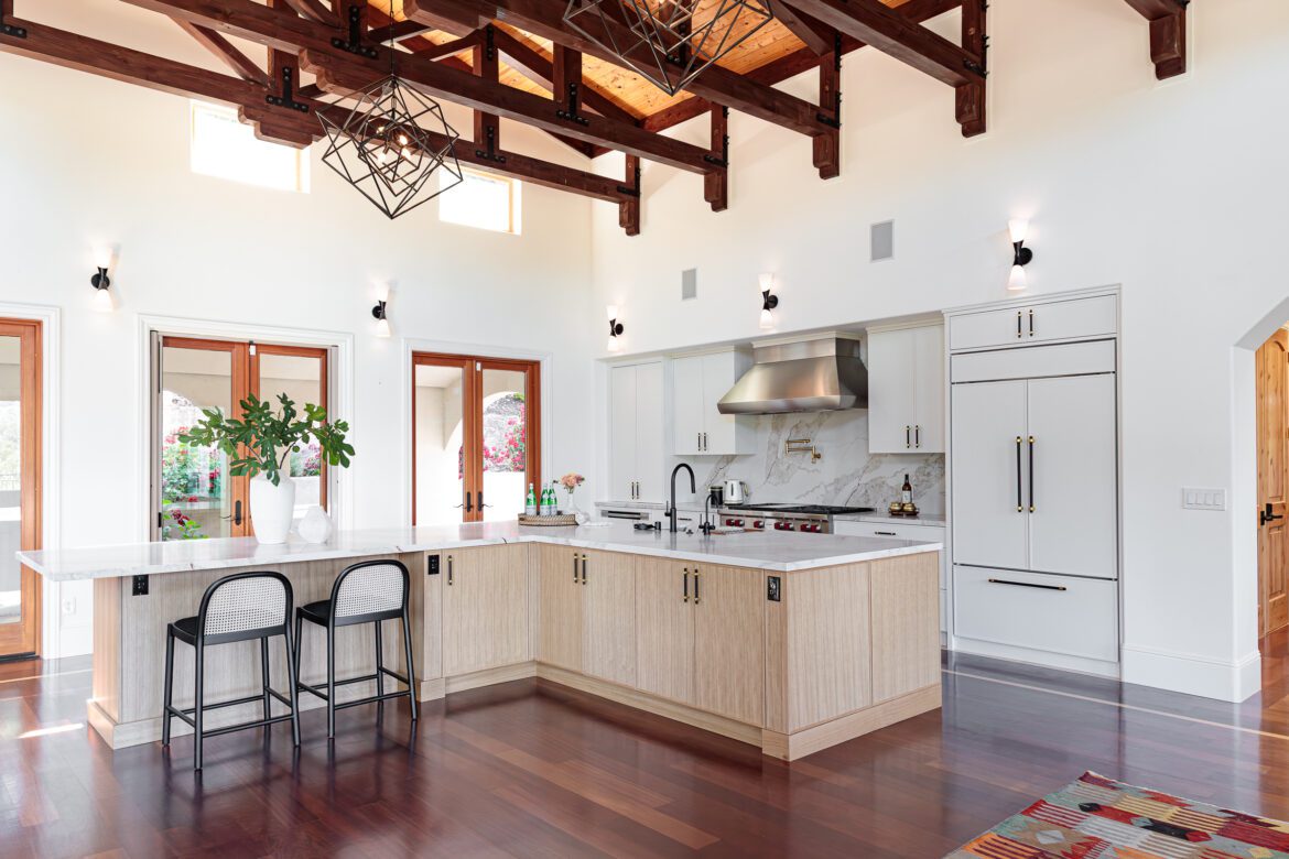 open plan kitchen remodel with large seated island, white oak cabinets, brazilian cherry floors, vaulted ceilings Orinda ca