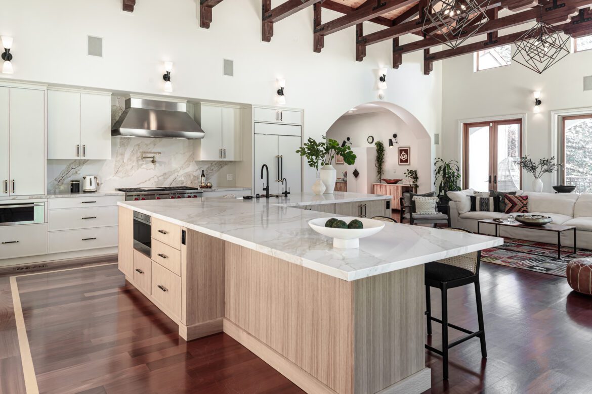 kitchen remodel, large island, white oak cabinets, brazilian cherry hardwood floors Orinda CA