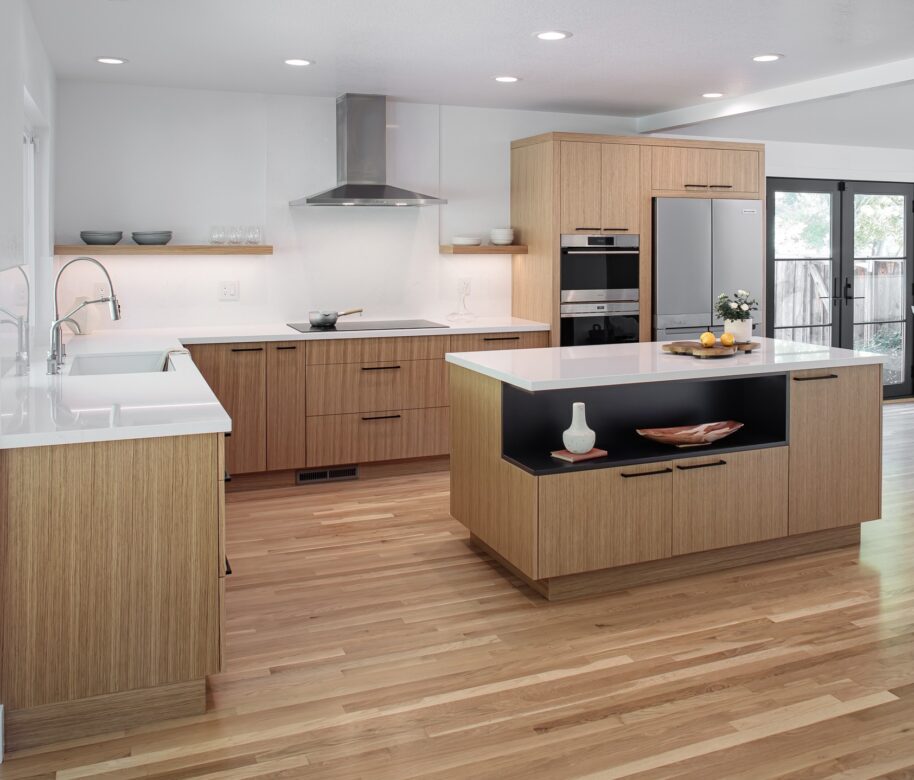 Japandi Contemporary Walnut Creek CA open plan kitchen remodel, oak cabinets, oak wood floors white counters