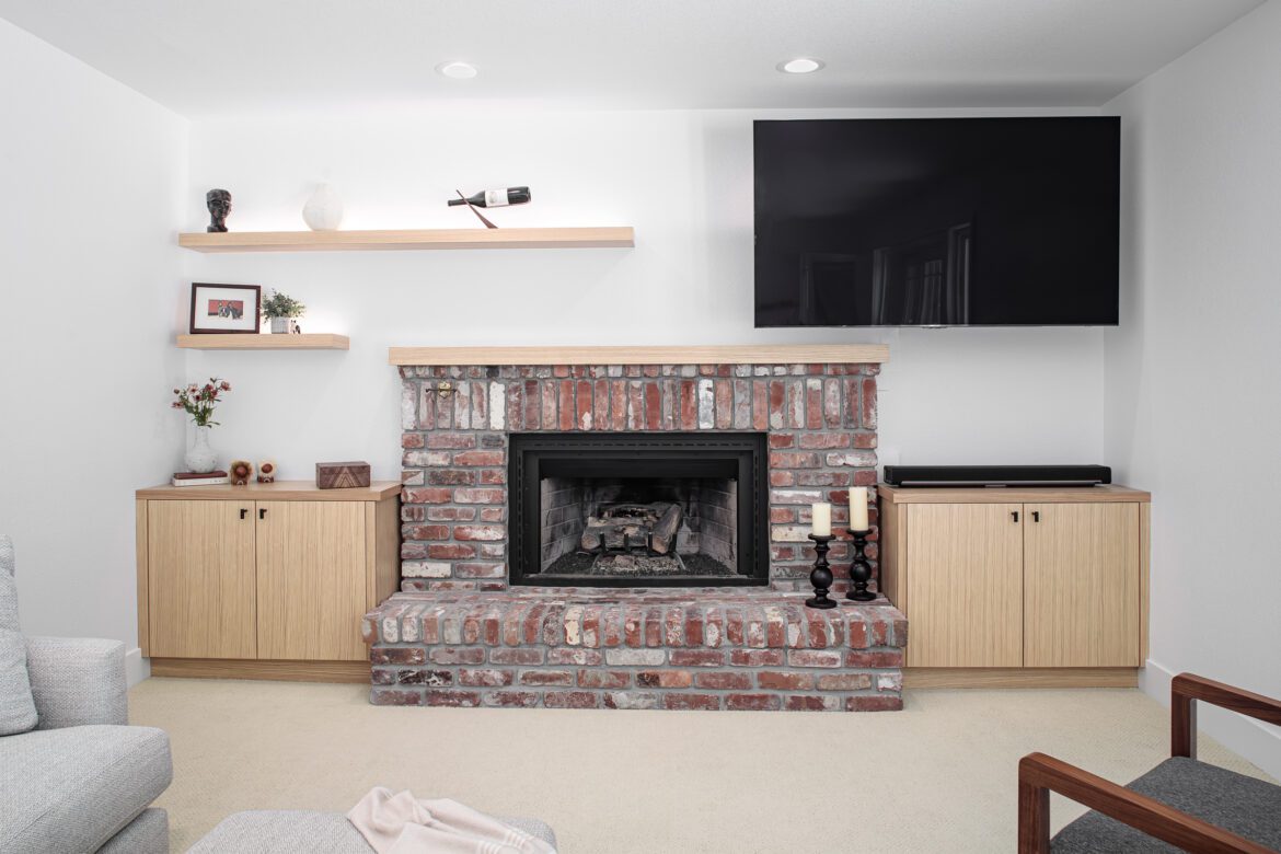 family room remodel brick fireplace with oak cabinets and shelving walnut creek ca