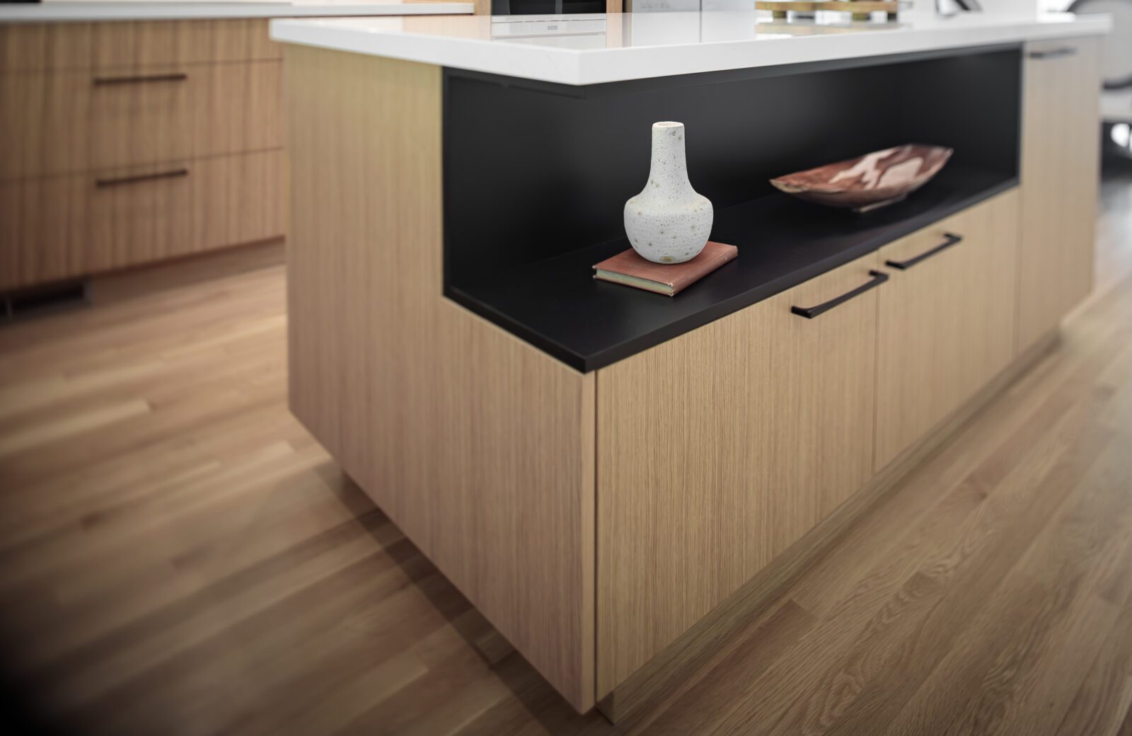 Modern japandi kitchen remodel with oak island with black inset and quartz countertop