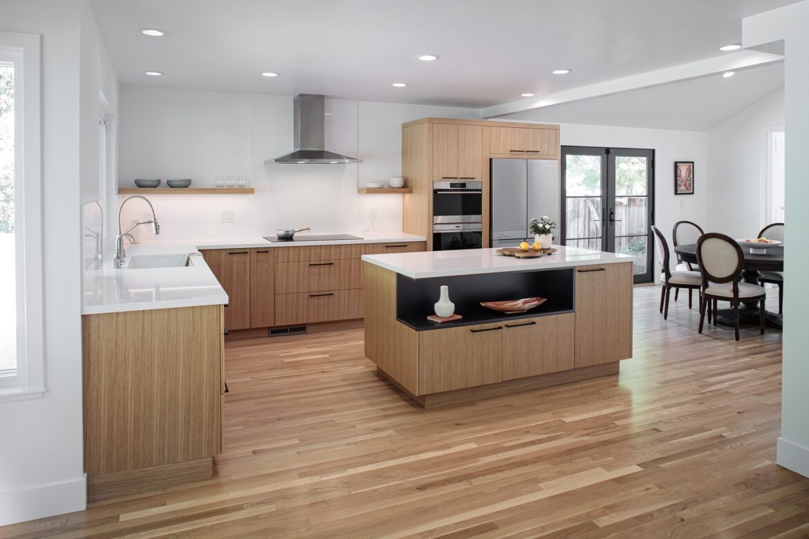 japandi Contemporary Walnut Creek CA kitchen remodel, oak floors and light oak kitchen cabinets and island