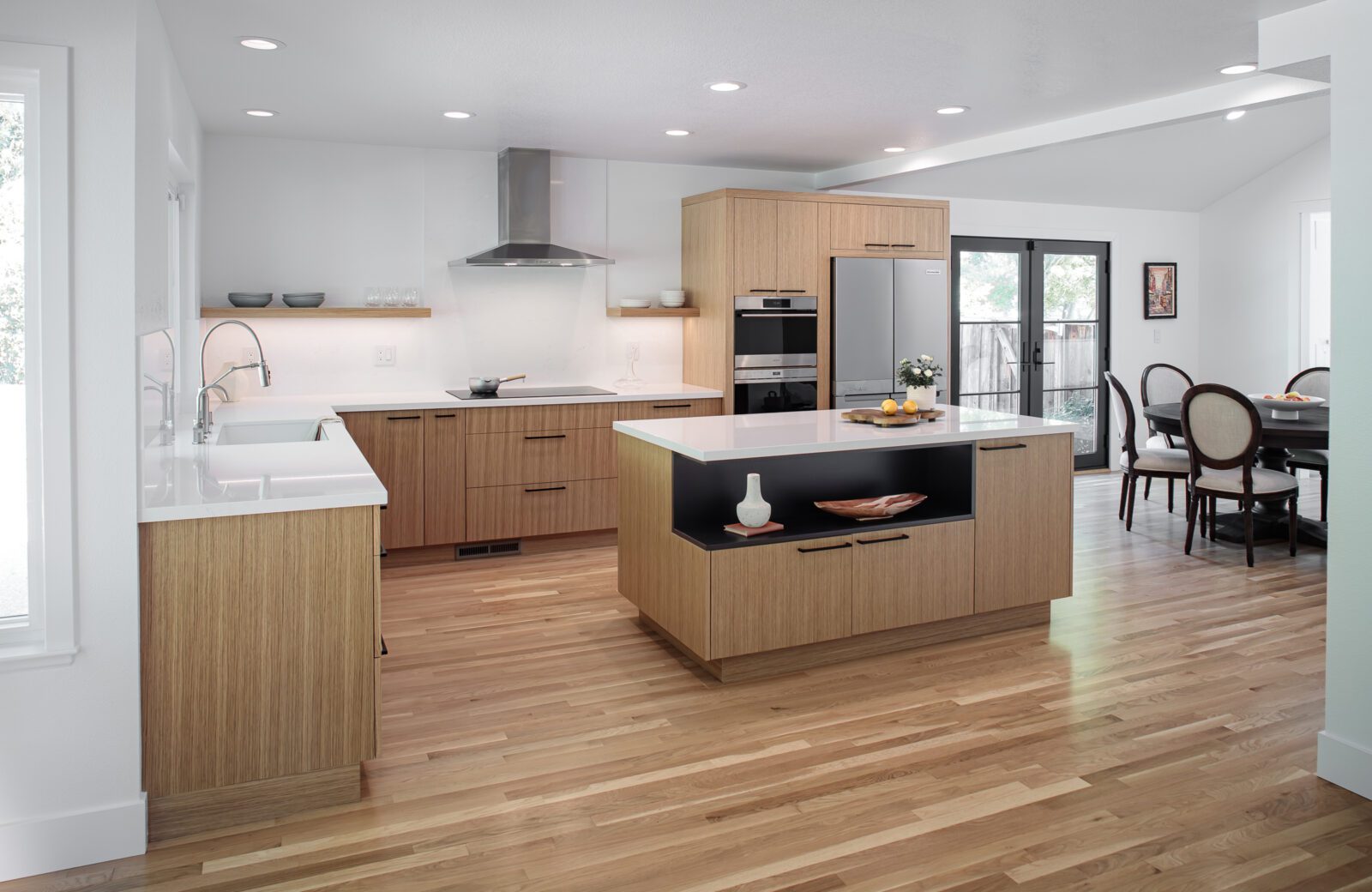 japandi Contemporary Walnut Creek CA kitchen remodel, oak floors and light oak kitchen cabinets and island