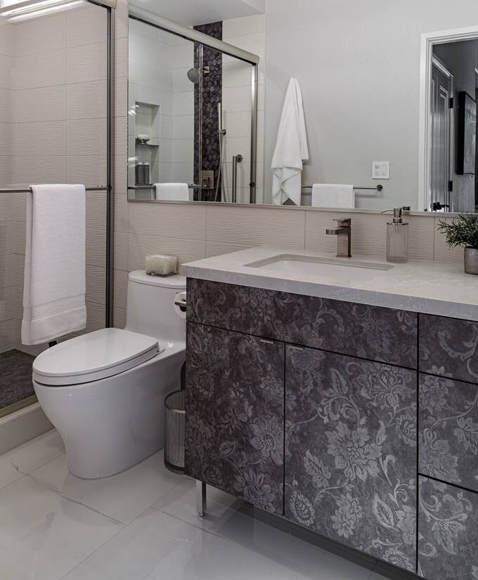 unique dark gray floral pattern standard vanity with legs