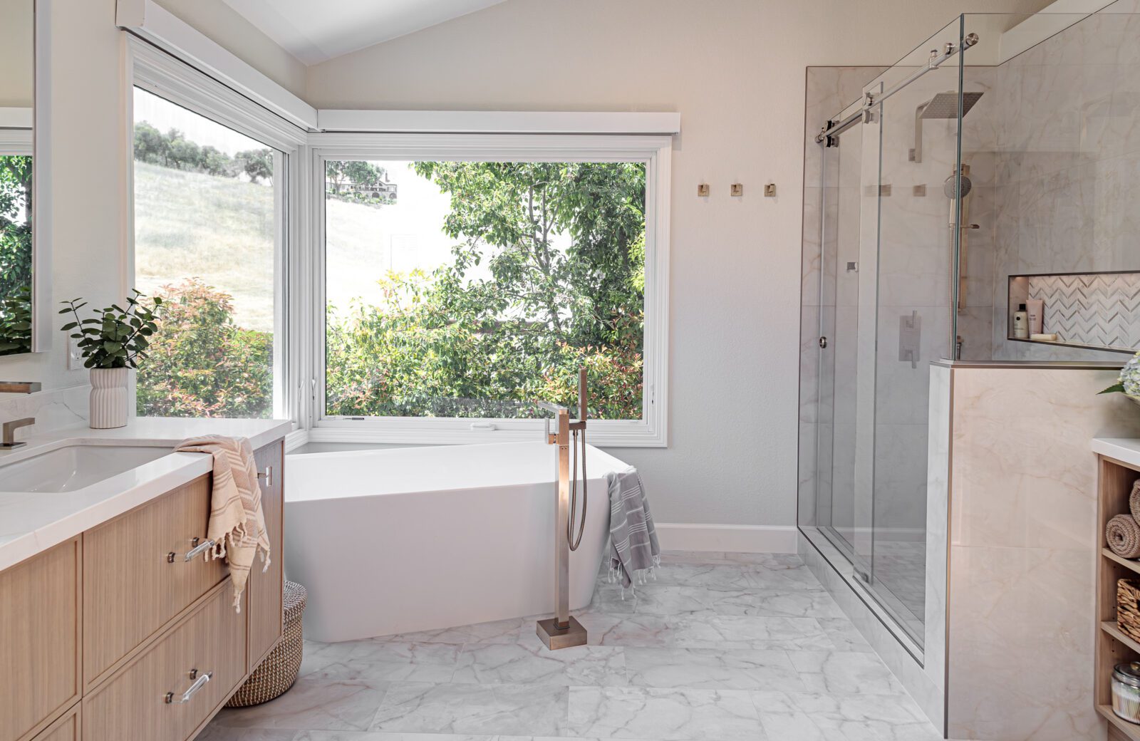 Danville, CA primary bathroom remodel with soaking tub, tile floor, floating vanity