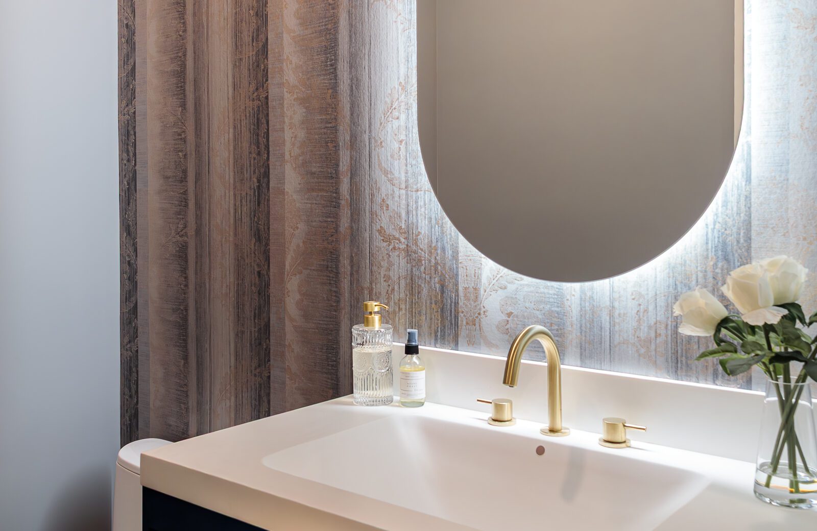 cool powder room remodel floating vanity, lighted mirrors, floating vanity