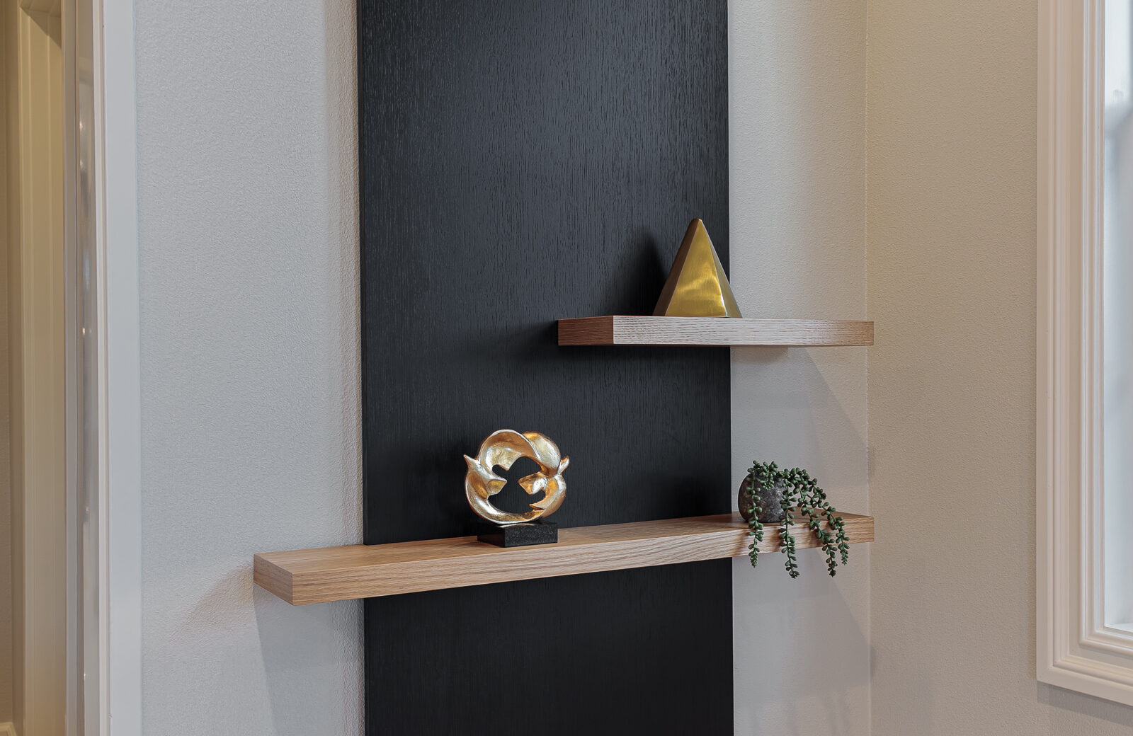 custom wood design wall design element in primary bedroom