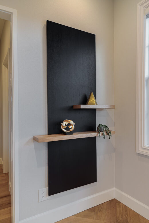 custom wood design wall design element in primary bedroom