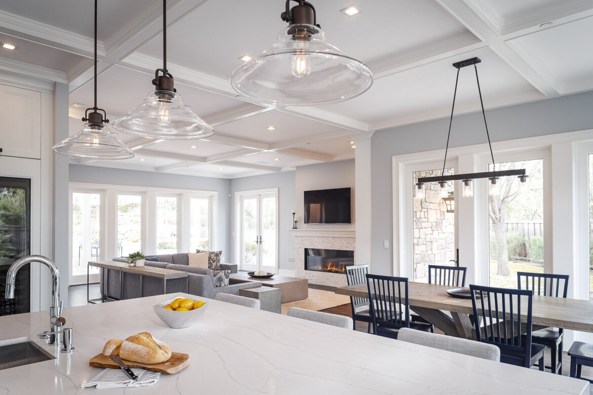 Family room remodel, coffered ceilings, linear fireplace, custom windows and doors