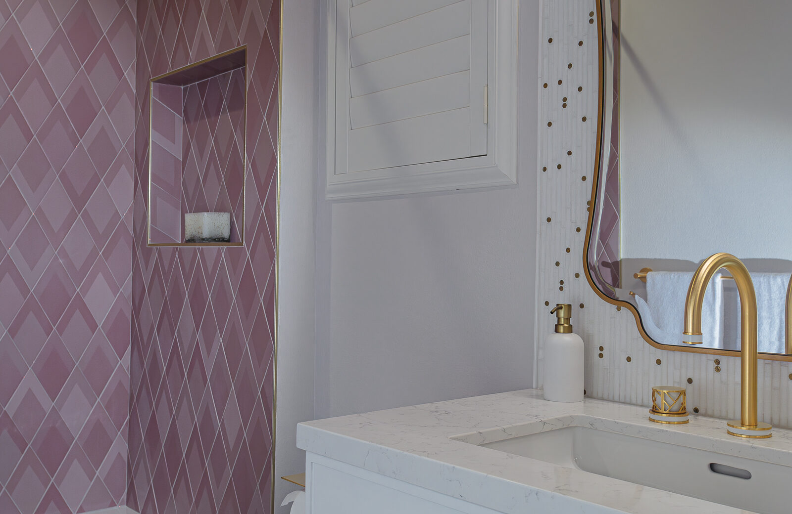 Modern Design Bathroom Remodel with Pink Tile & Brass Finishes
