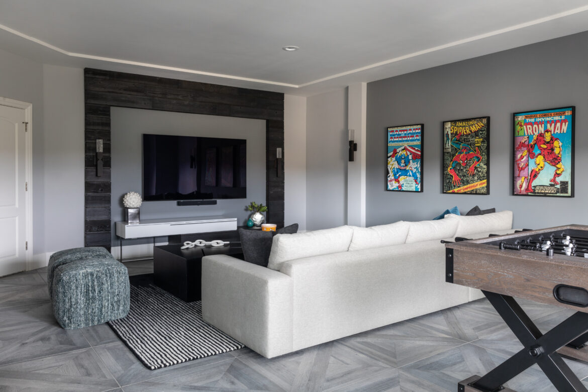 Teen game room remodel, Charred wood TV feature wall, 24" x 24" porcelain tile flooring, Architectural wall and ceiling details