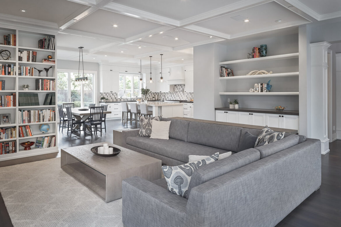 Custom built-ins, custom cabinets, hardwood floors, coffered ceilings